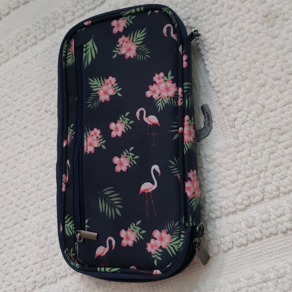 RFID PASSPORT/WALLET/WRISTLET/SHOULDER STRAP BLUE PINK FLAMINGO MOTIF - Picture 9 of 12